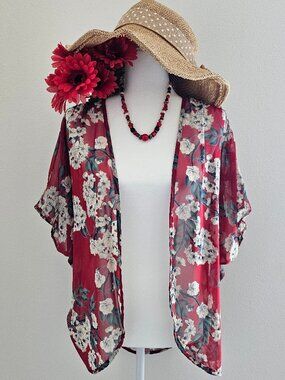 Elle CLO Red Floral Sheer Boho Kimono Cardigan Open Front Medium